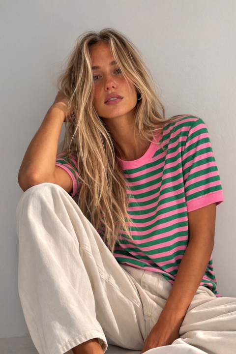 T-shirt Bopoco w paski – Różowo-zielone