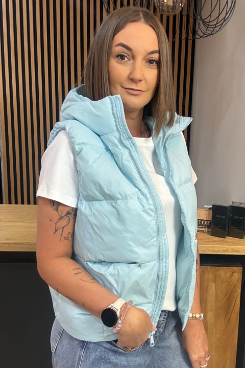 Kamizelka damska puchowa z naturalnym puchem z kapturem – Baby Blue