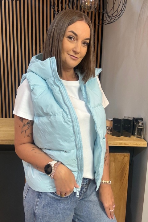 Kamizelka damska puchowa z naturalnym puchem z kapturem – Baby Blue