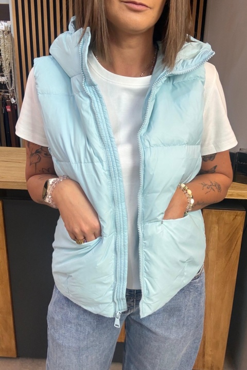 Kamizelka damska puchowa z naturalnym puchem z kapturem – Baby Blue