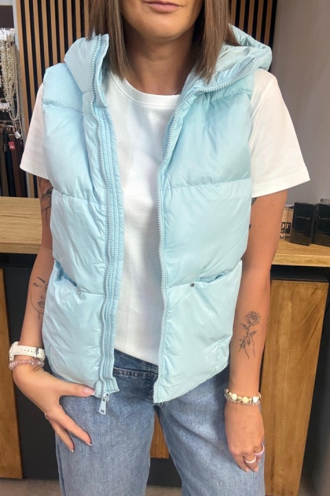 Kamizelka damska puchowa z naturalnym puchem z kapturem – Baby Blue