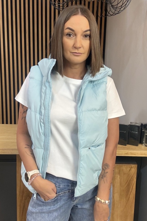 Kamizelka damska puchowa z naturalnym puchem z kapturem – Baby Blue