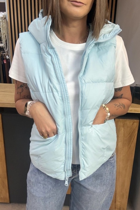 Kamizelka damska puchowa z naturalnym puchem z kapturem – Baby Blue