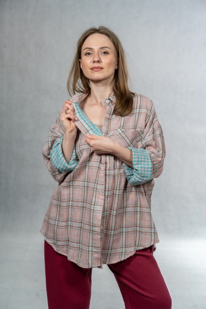 Koszula damska oversize w kratę JOY - różowa, 100% bawełna casual