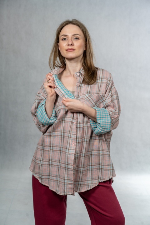 Koszula damska oversize w kratę JOY - różowa, 100% bawełna casual