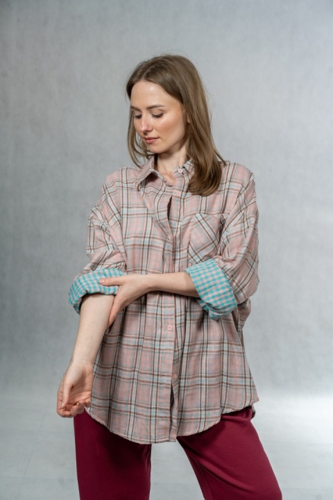 Koszula damska oversize w kratę JOY - różowa, 100% bawełna casual
