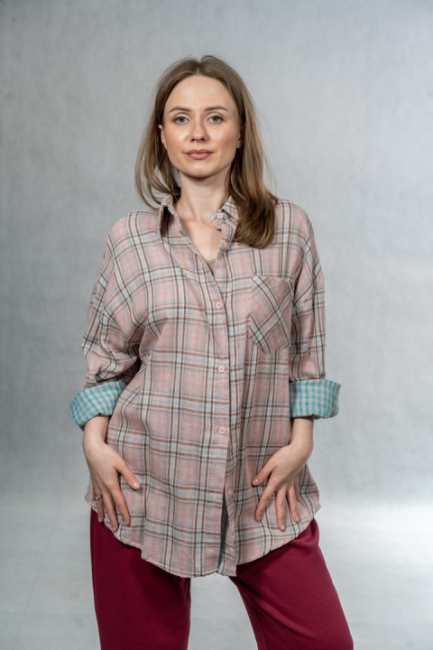 Koszula damska oversize w kratę JOY - różowa, 100% bawełna casual