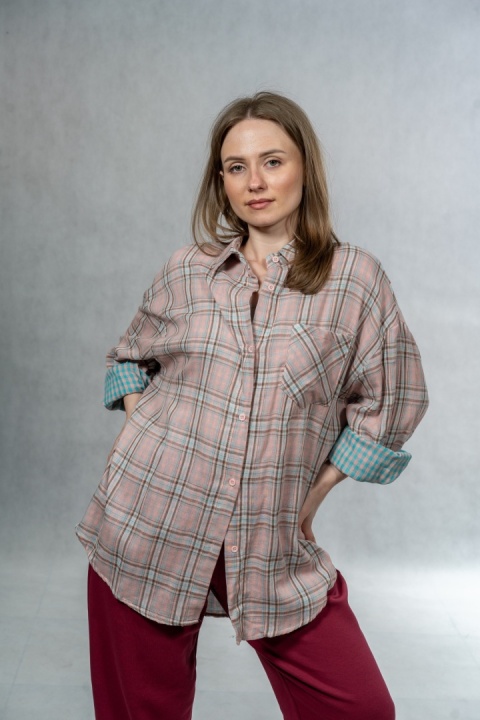 Koszula damska oversize w kratę JOY - różowa, 100% bawełna casual