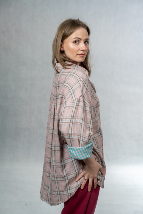 Koszula damska oversize w kratę JOY - różowa, 100% bawełna casual