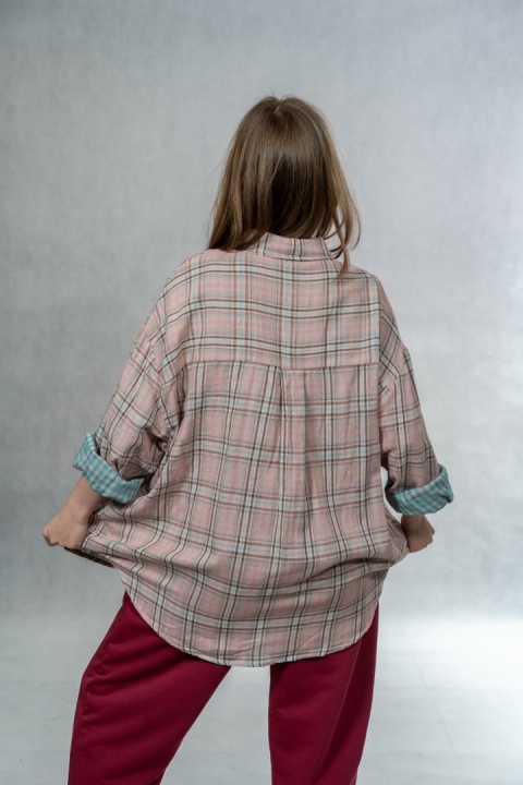 Koszula damska oversize w kratę JOY - różowa, 100% bawełna casual