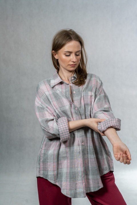 Koszula damska w kratę JOY - różowo-szara, 100% bawełna casual