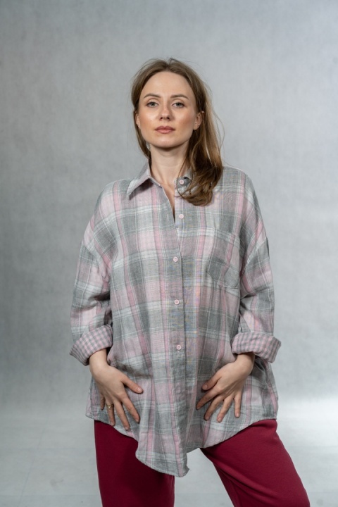 Koszula damska w kratę JOY - różowo-szara, 100% bawełna casual