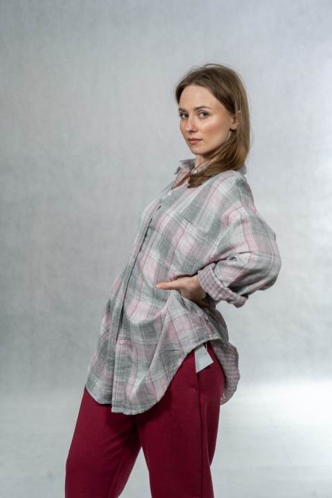 Koszula damska w kratę JOY - różowo-szara, 100% bawełna casual