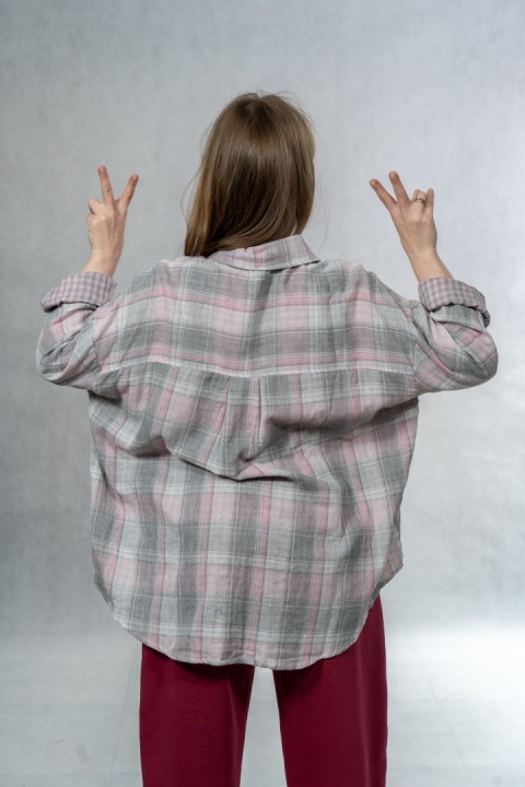 Koszula damska w kratę JOY - różowo-szara, 100% bawełna casual