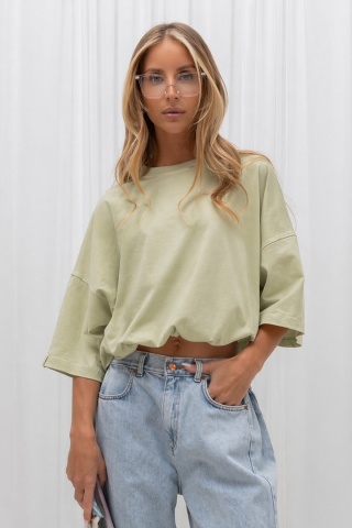 T-shirt damski Basic Lenoshka - pudełkowy ze stoperem - Oliwkowy