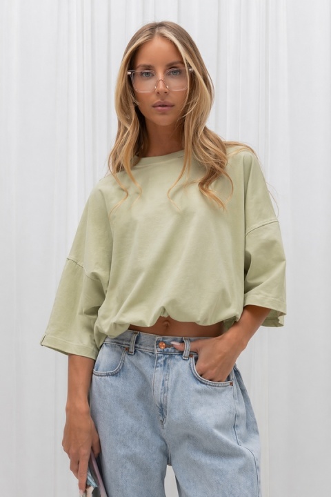 T-shirt damski Basic Lenoshka - pudełkowy ze stoperem - Oliwkowy