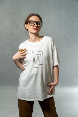 T-shirt damski oversize „Line Frame" - Biały