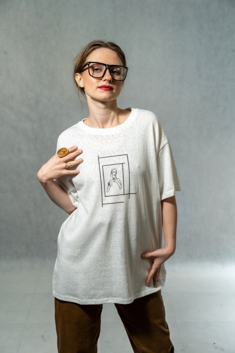 T-shirt damski oversize „Line Frame" - Biały