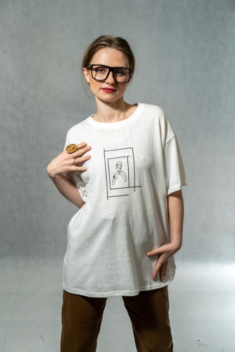 T-shirt damski oversize „Line Frame" - Biały