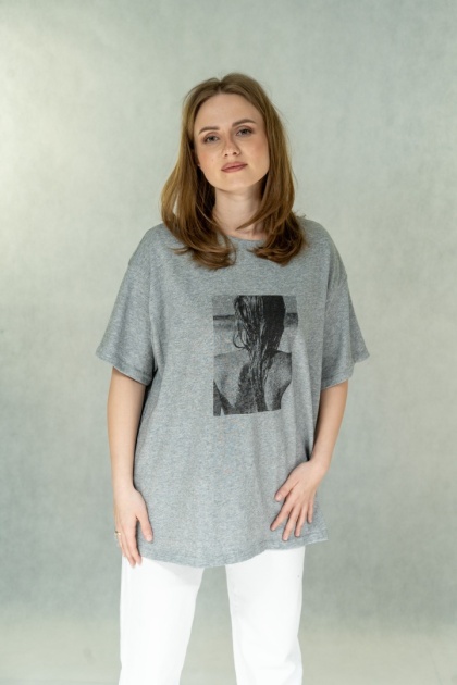 T-shirt damski oversize Mono Portrait - Szary