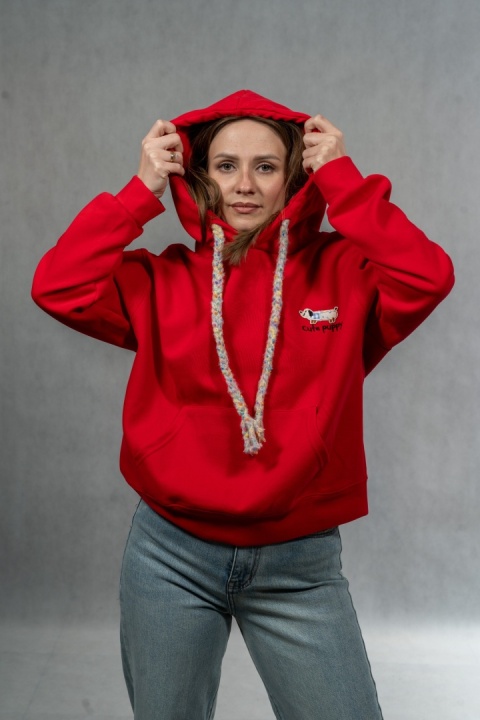 Bluza damska z kapturem Cute Puppy - Czerwona