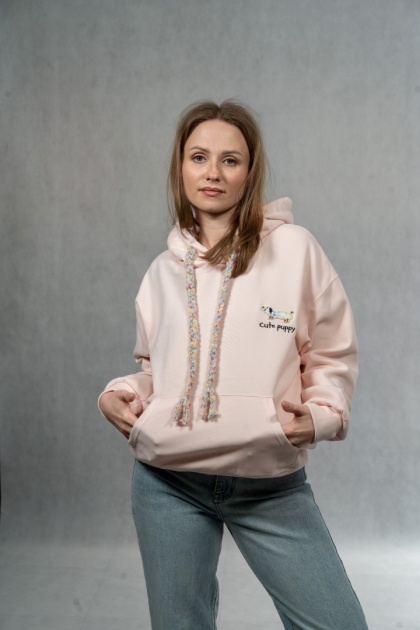 Bluza damska z kapturem Cute Puppy - Pudrowy Róż