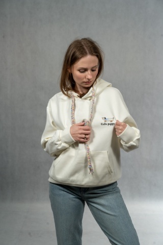Bluza damska z kapturem Cute Puppy - Śmietankowa
