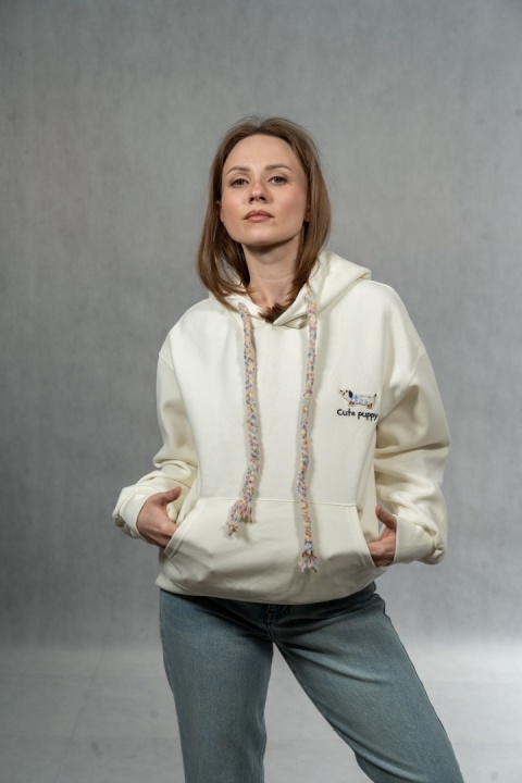 Bluza damska z kapturem Cute Puppy - Śmietankowa
