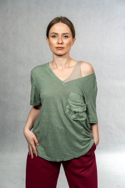 Bluzka lniana oversize WIYA – Oliwkowa