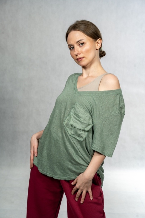 Bluzka lniana oversize WIYA – Oliwkowa