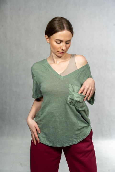 Bluzka lniana oversize WIYA – Oliwkowa