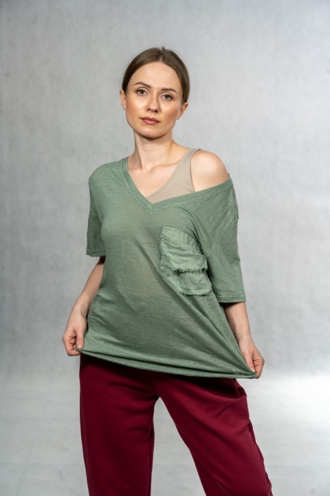 Bluzka lniana oversize WIYA – Oliwkowa