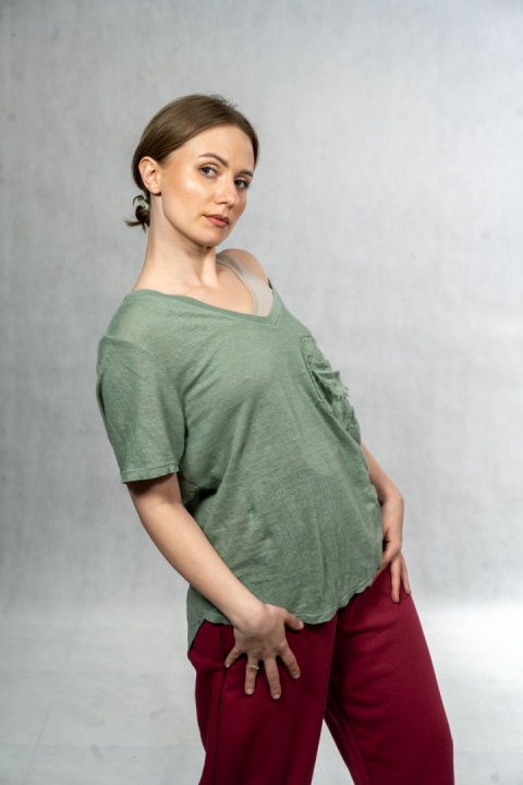 Bluzka lniana oversize WIYA – Oliwkowa