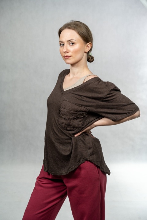 Bluzka lniana oversize WIYA – Czekoladowa