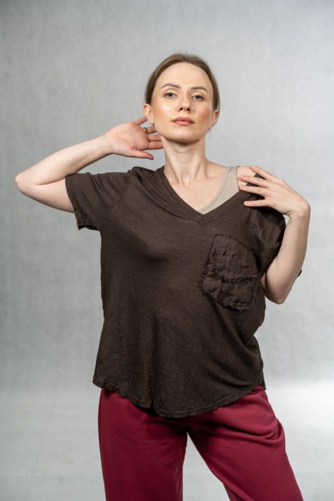 Bluzka lniana oversize WIYA – Czekoladowa