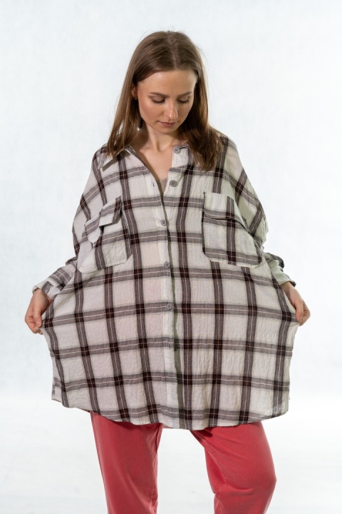 Koszula Oversize w Kratę - 100% Bawełna (kromowo-brązowa)
