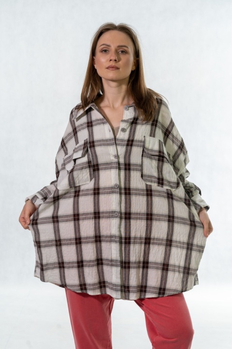 Koszula Oversize w Kratę - 100% Bawełna (kromowo-brązowa)