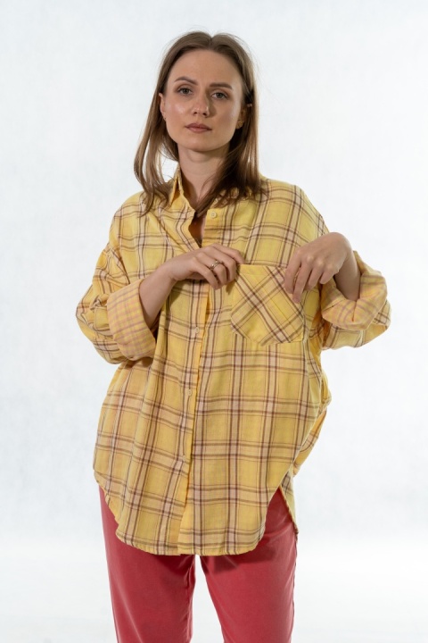 Koszula damska oversize w kratę JOY – żółta, 100% bawełna casual
