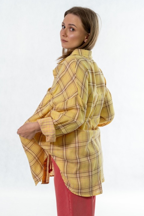 Koszula damska oversize w kratę JOY – żółta, 100% bawełna casual