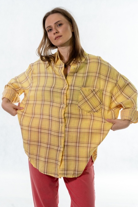 Koszula damska oversize w kratę JOY – żółta, 100% bawełna casual