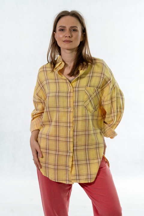 Koszula damska oversize w kratę JOY – żółta, 100% bawełna casual