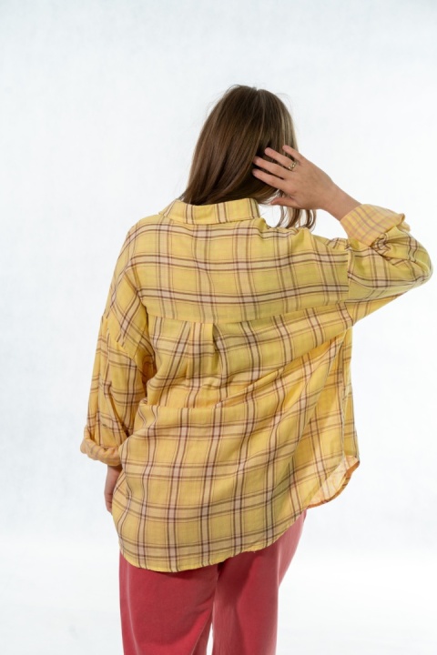 Koszula damska oversize w kratę JOY – żółta, 100% bawełna casual