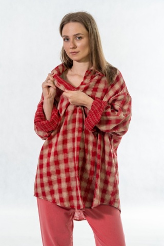 Koszula oversize w czerwono-beżową kratę - 100% bawełna