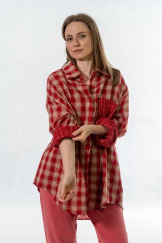 Koszula oversize w czerwono-beżową kratę - 100% bawełna