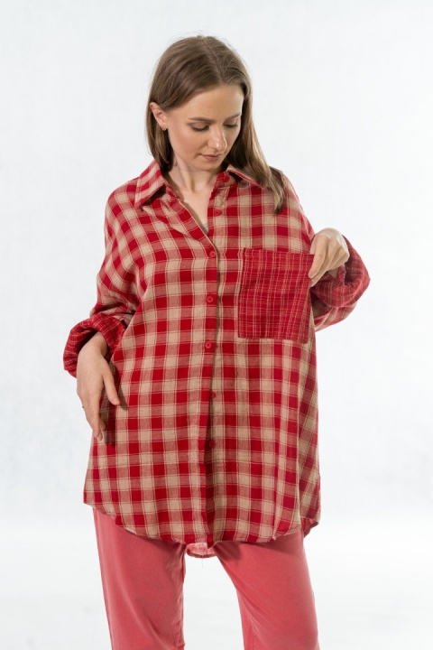 Koszula oversize w czerwono-beżową kratę - 100% bawełna