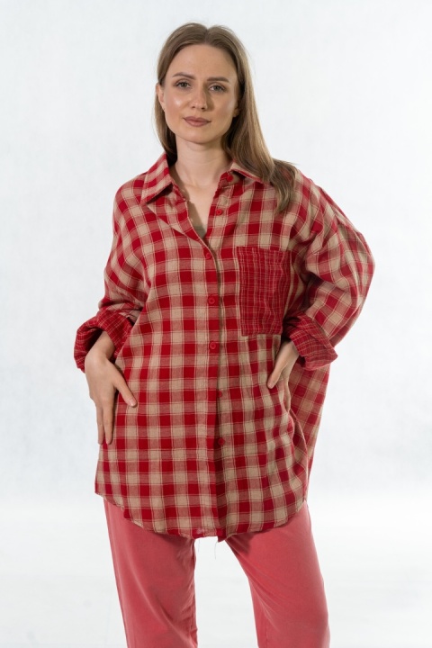 Koszula oversize w czerwono-beżową kratę - 100% bawełna