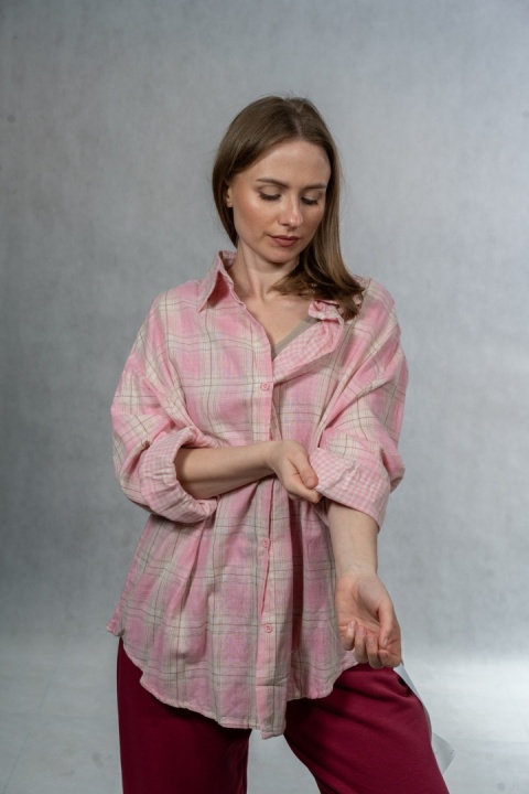Koszula damska oversize JOY - różowa krata, 100% bawełna casual