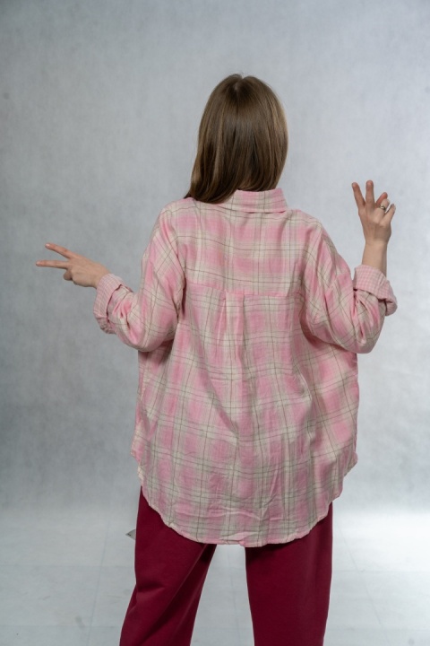 Koszula damska oversize JOY - różowa krata, 100% bawełna casual