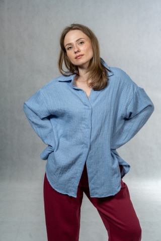 Koszula damska oversize JOY - błękitna, 100% bawełna casual