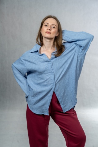 Koszula damska oversize JOY - błękitna, 100% bawełna casual